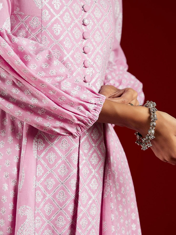 Lavender Printed Cotton Anarkali Kurta Set