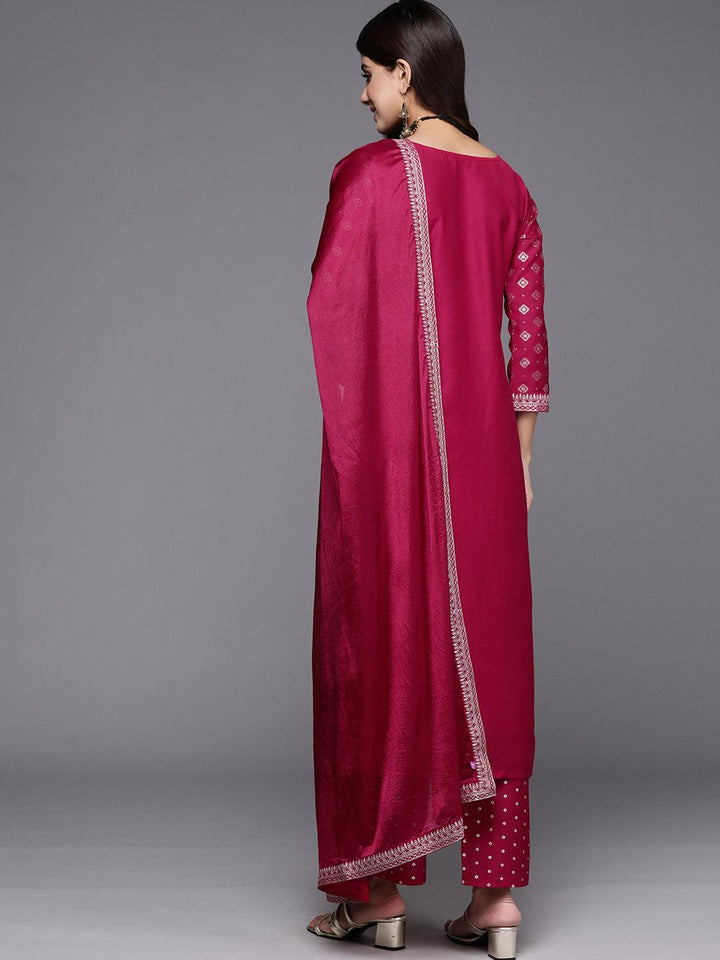 Pink Woven Design Silk Blend Straight Suit With Dupatta