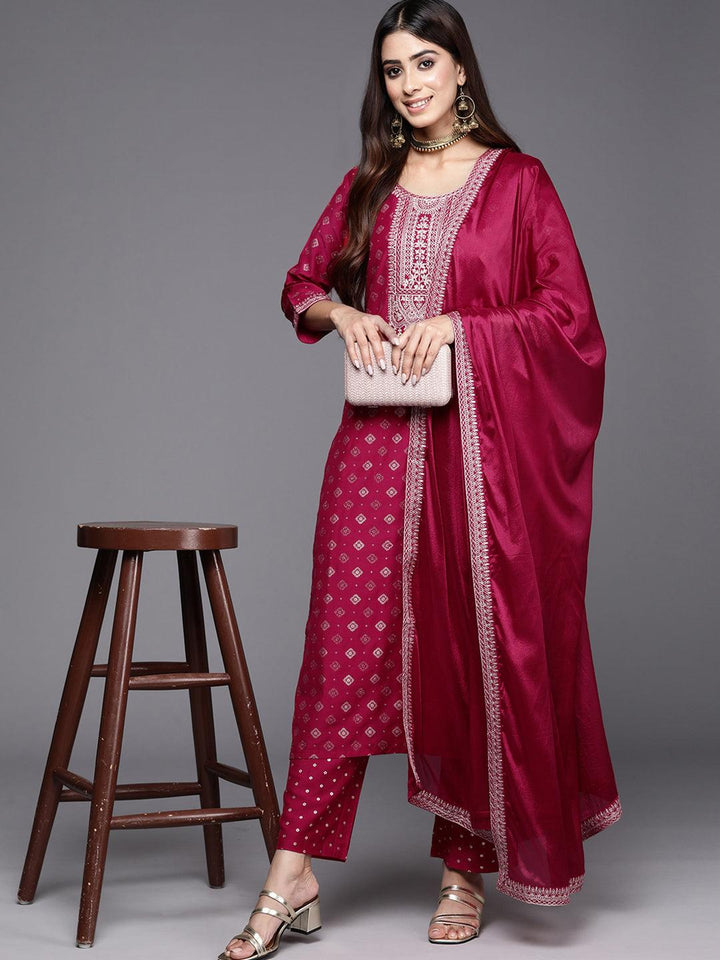 Pink Woven Design Silk Blend Straight Suit With Dupatta