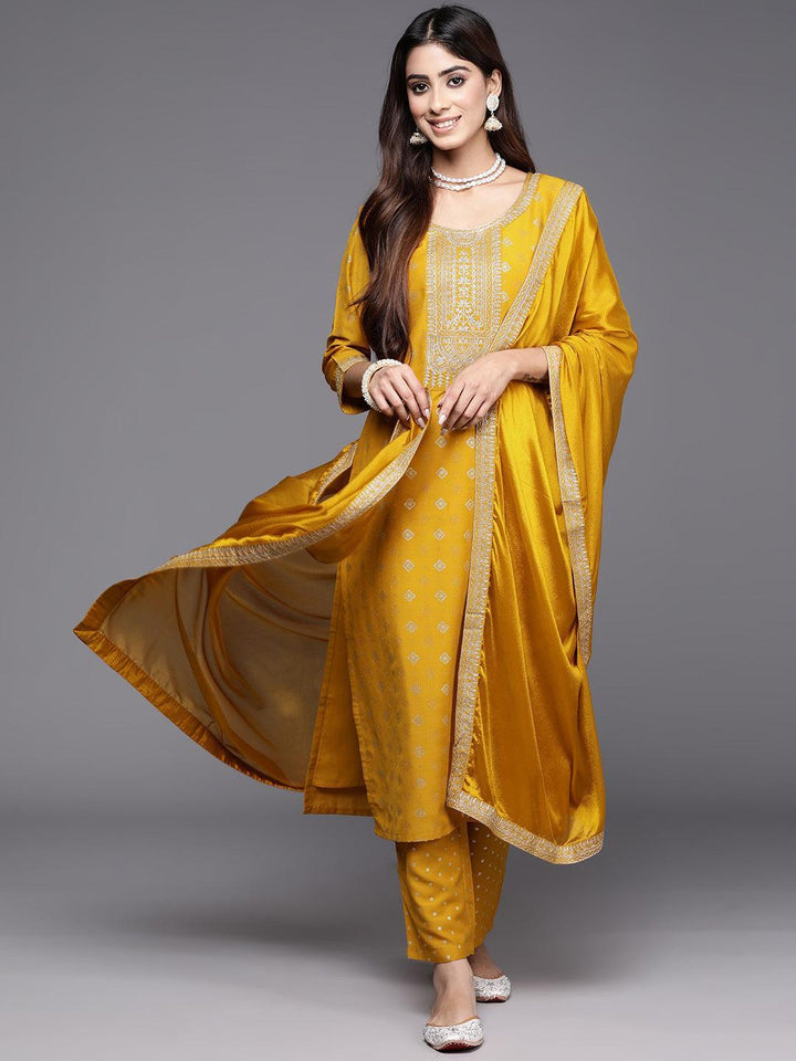 Yellow Woven Design Silk Blend Straight Suit With Dupatta