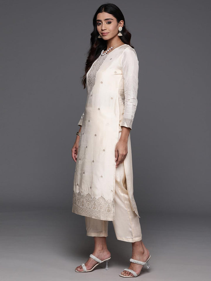 Cream Woven Design Silk Blend Straight Suit With Dupatta