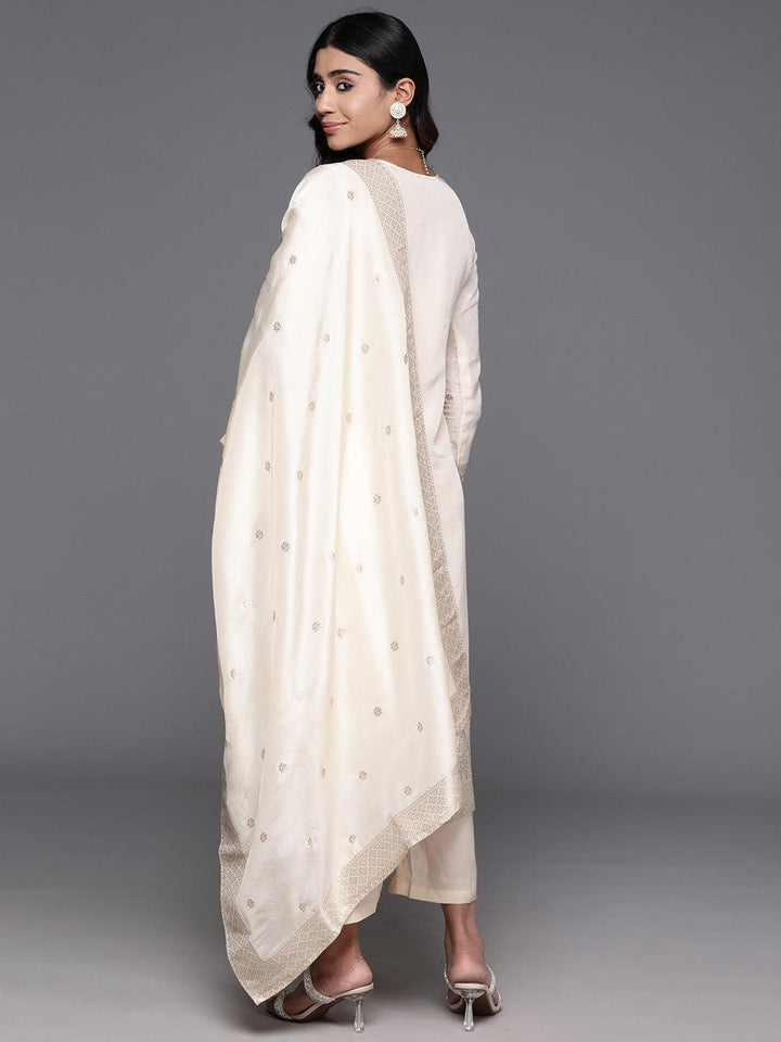 Cream Woven Design Silk Blend Straight Suit With Dupatta