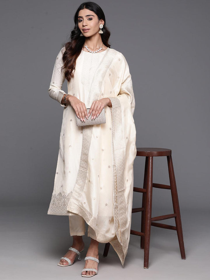 Cream Woven Design Silk Blend Straight Suit With Dupatta