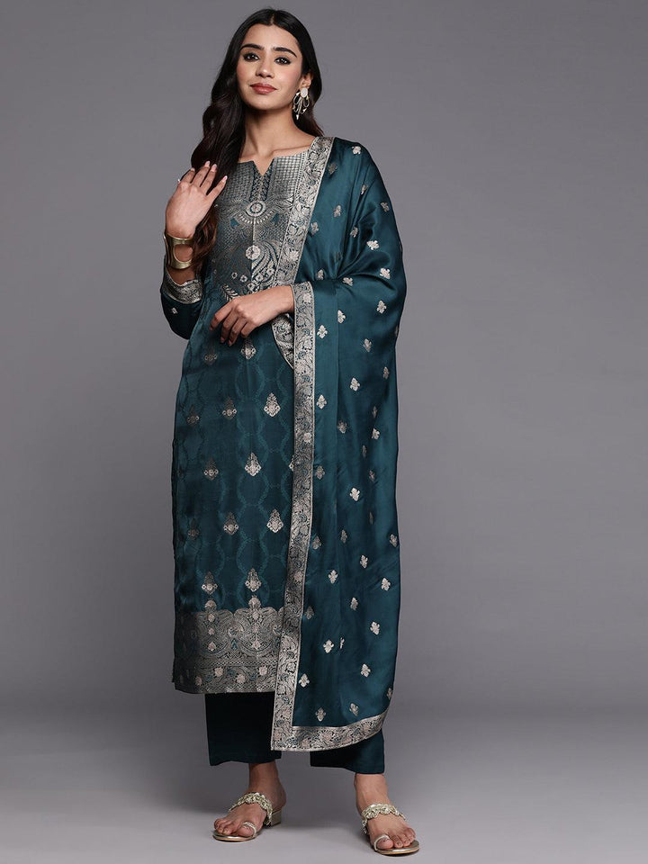 Libas Art Teal Embroidered Silk Straight Suit With Dupatta
