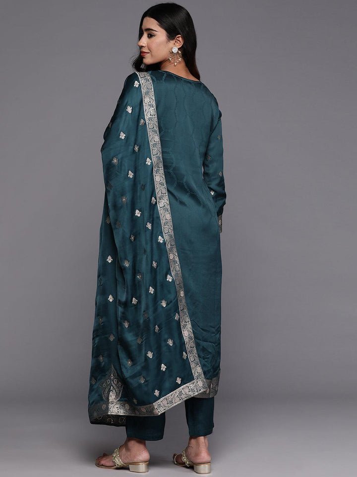 Libas Art Teal Embroidered Silk Straight Suit With Dupatta
