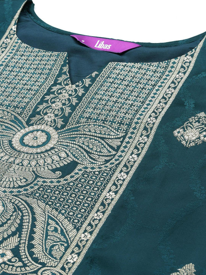 Libas Art Teal Embroidered Silk Straight Suit With Dupatta