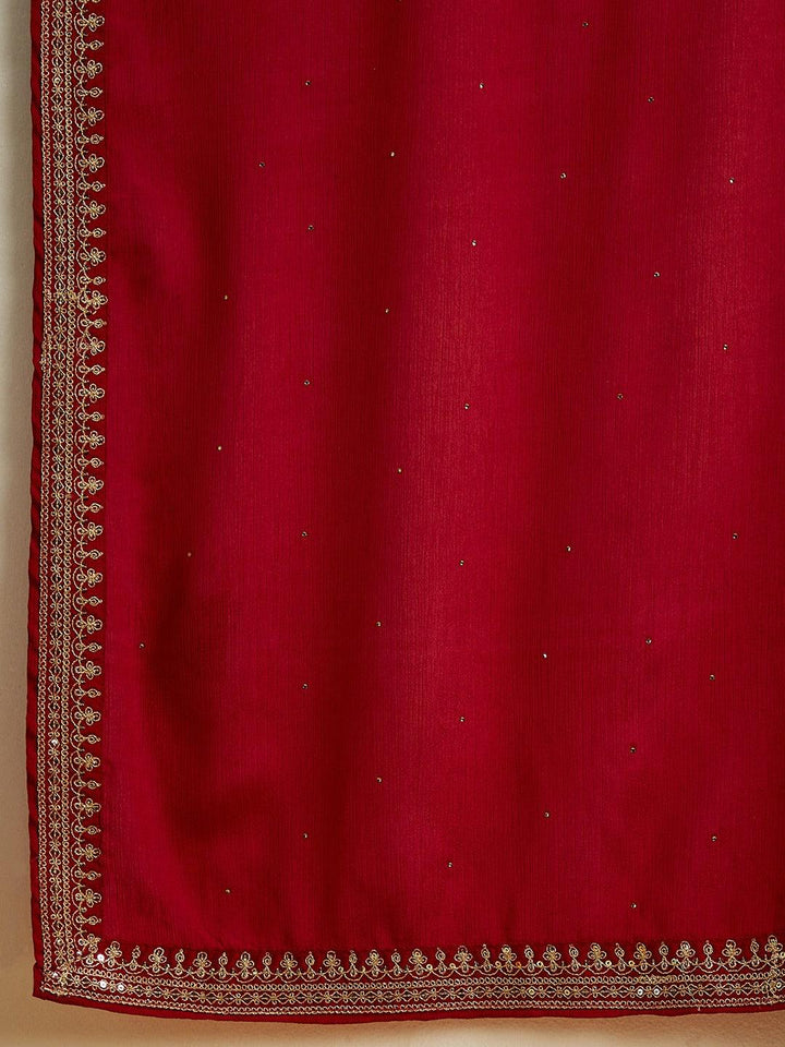 Maroon Yoke Design Silk Blend A-Line Kurta With Palazzos & Dupatta