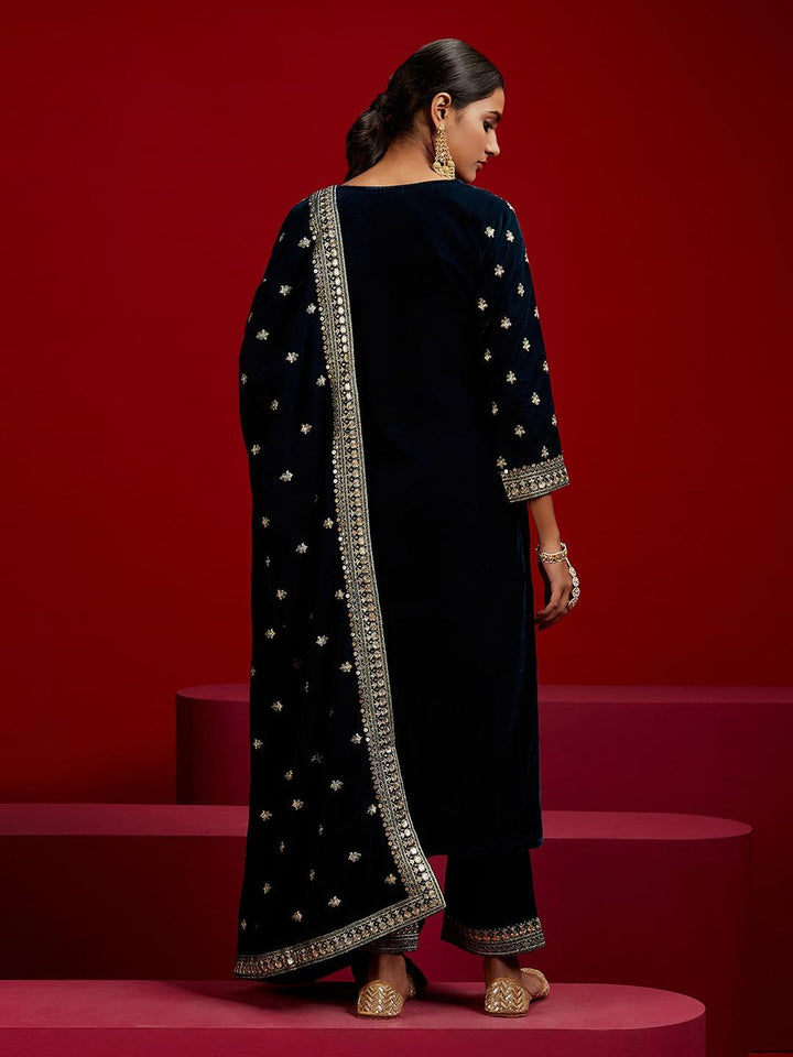 Libas Art Teal Embroidered Velvet Straight Suit With Dupatta