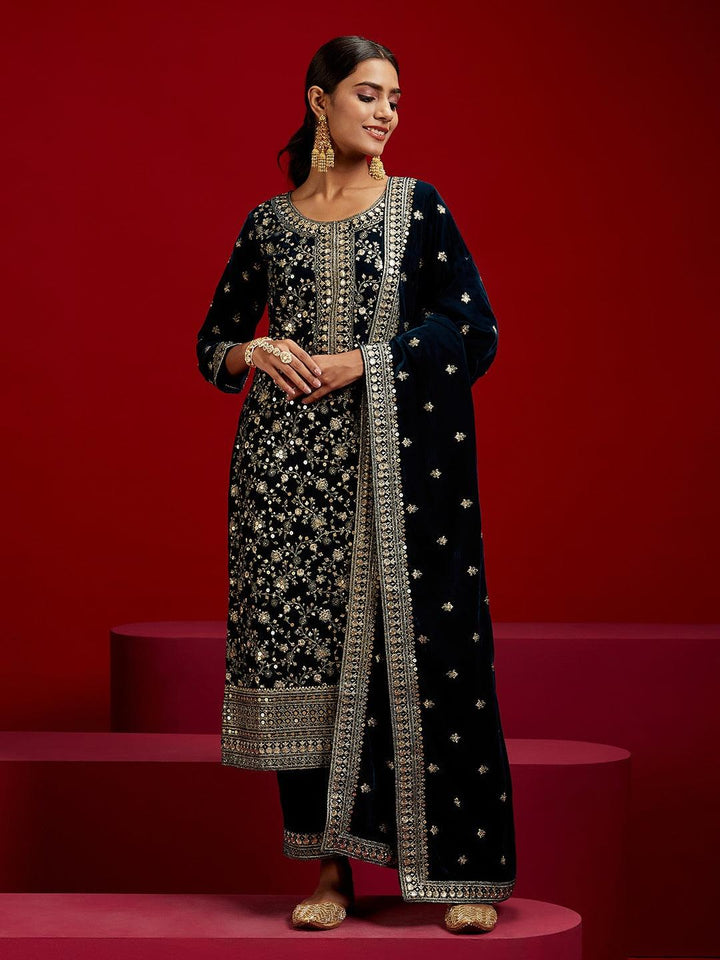 Libas Art Teal Embroidered Velvet Straight Suit With Dupatta