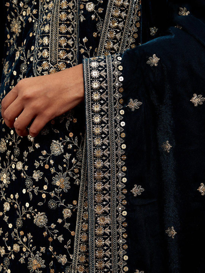 Libas Art Teal Embroidered Velvet Straight Suit With Dupatta