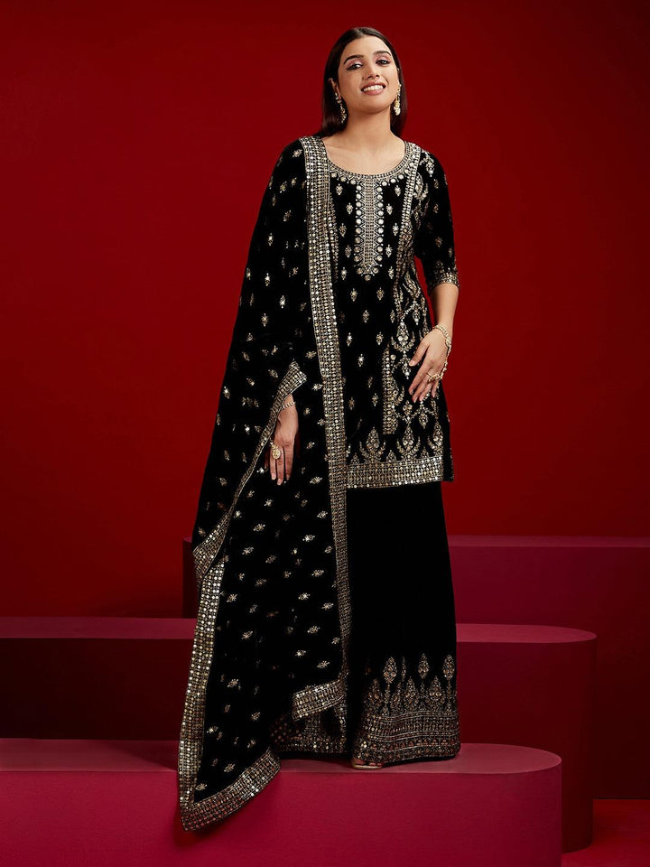 Libas Art Black Embroidered Velvet Straight Suit With Dupatta