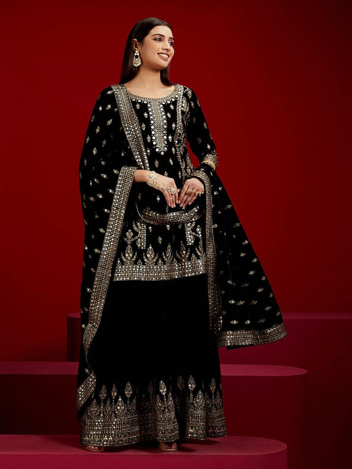 Libas Art Black Embroidered Velvet Straight Suit With Dupatta