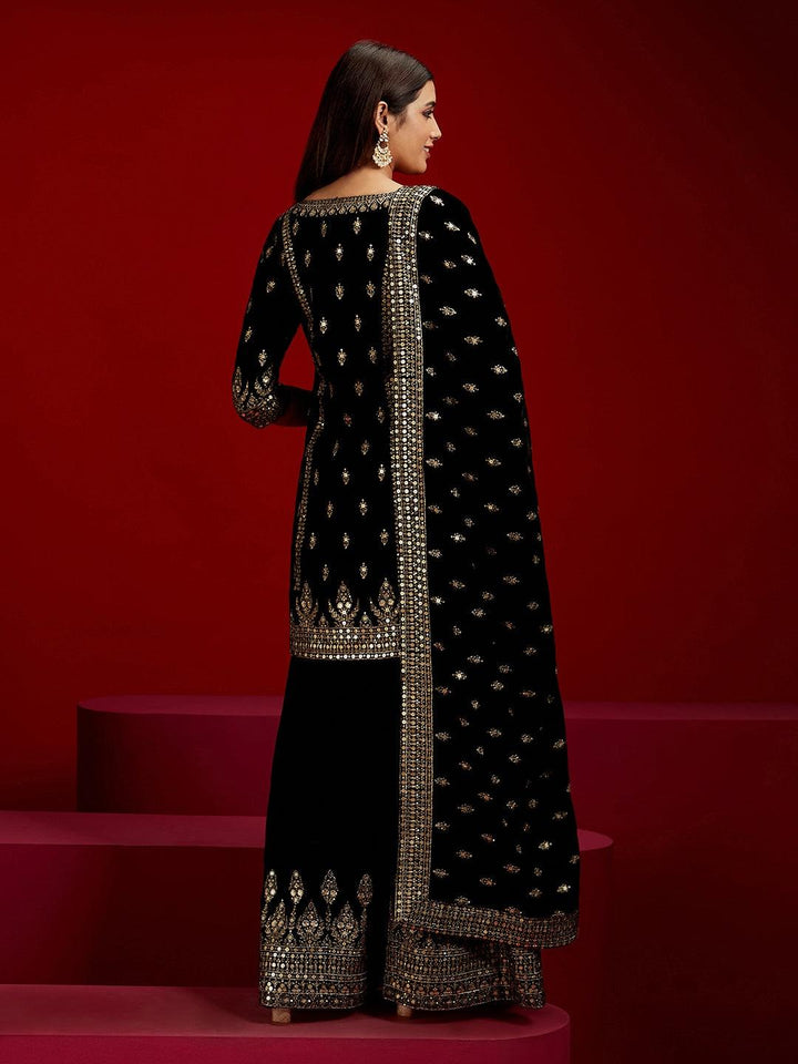Libas Art Black Embroidered Velvet Straight Suit With Dupatta