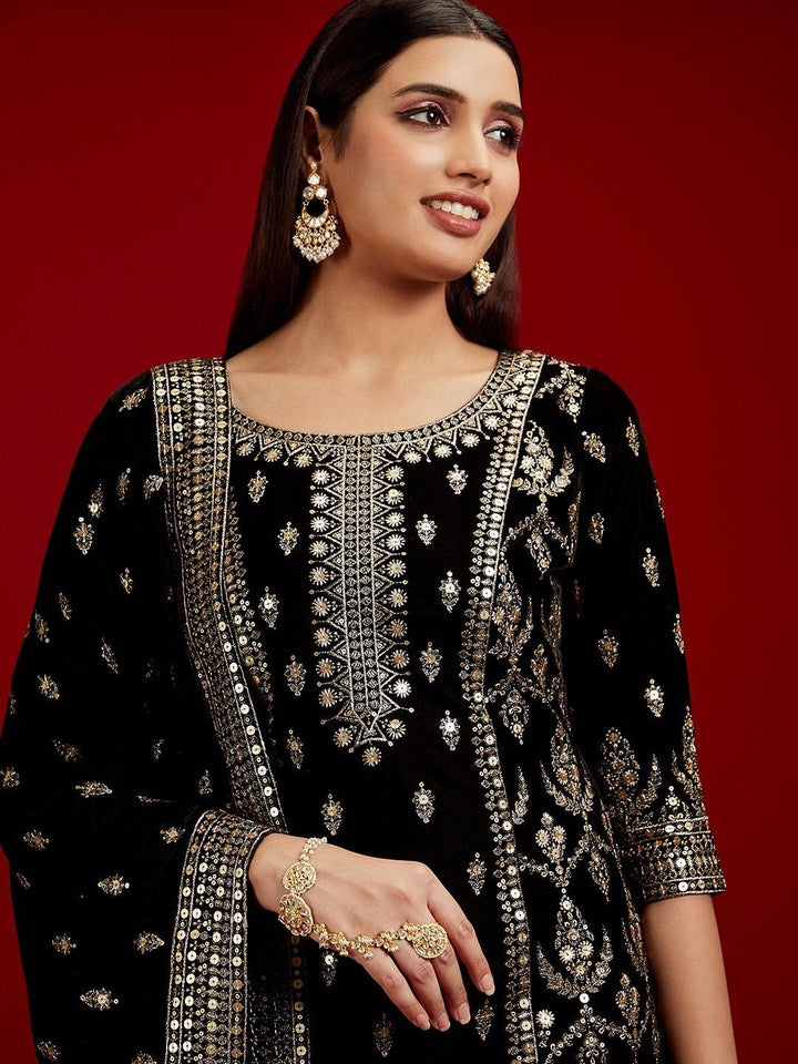 Libas Art Black Embroidered Velvet Straight Suit With Dupatta