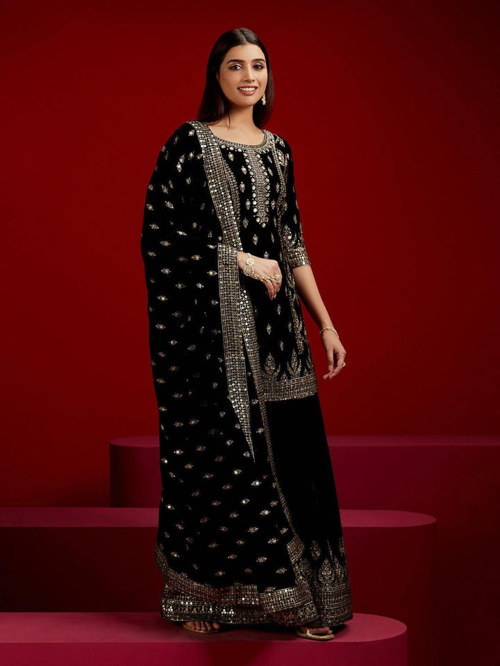 Libas Art Black Embroidered Velvet Straight Suit With Dupatta