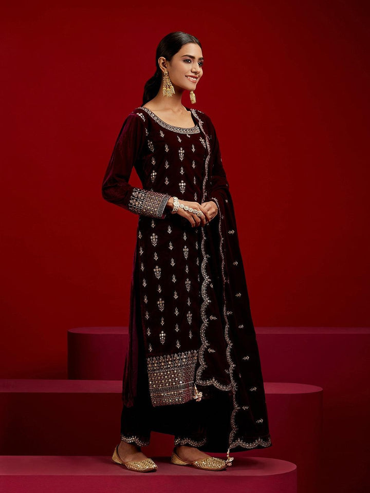 Libas Art Purple Embroidered Velvet Straight Suit With Dupatta