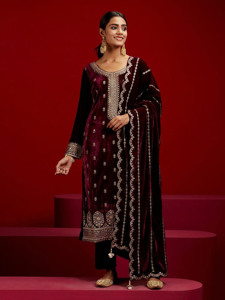 Libas Art Purple Embroidered Velvet Straight Suit With Dupatta
