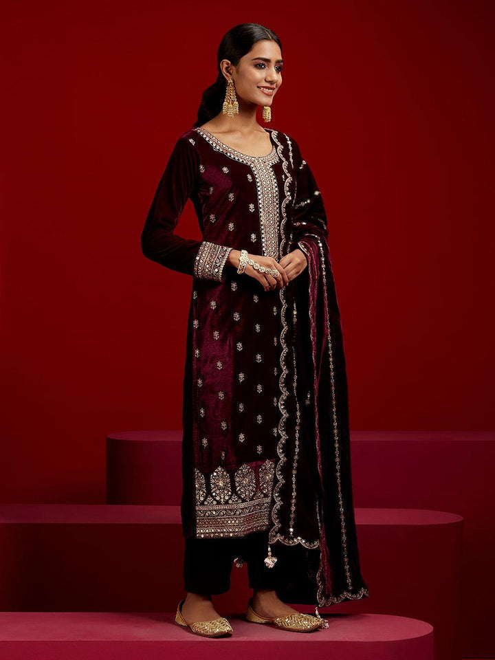 Libas Art Purple Embroidered Velvet Straight Suit With Dupatta