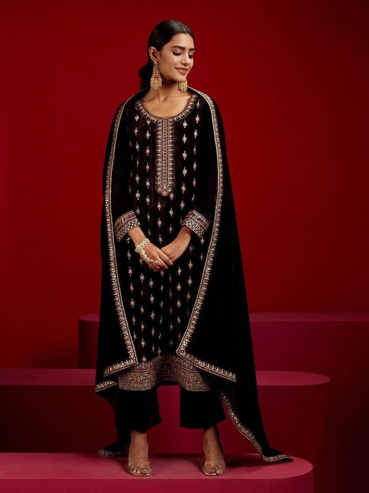 Libas Art Brown Embroidered Velvet Straight Suit With Dupatta