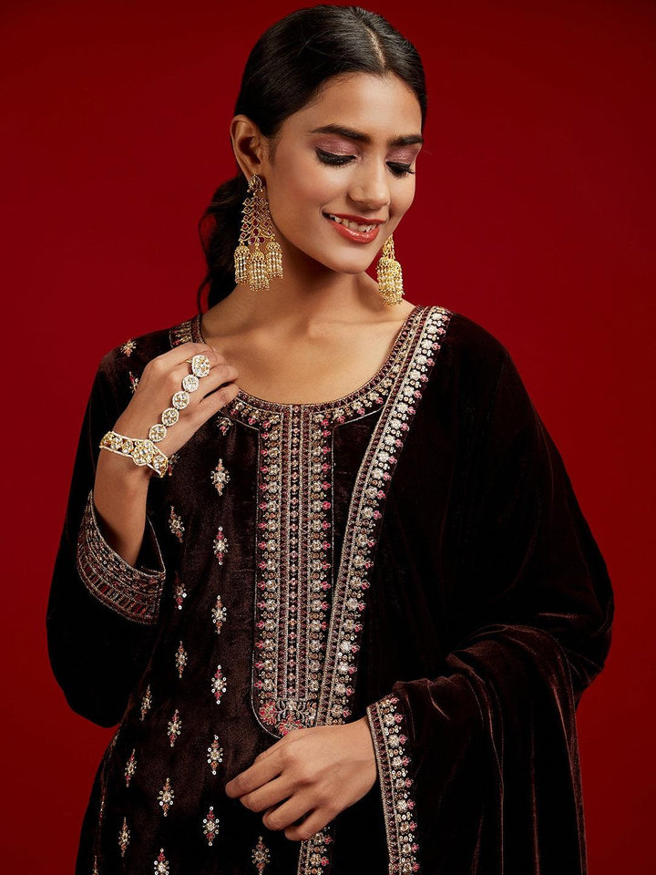 Libas Art Brown Embroidered Velvet Straight Suit With Dupatta