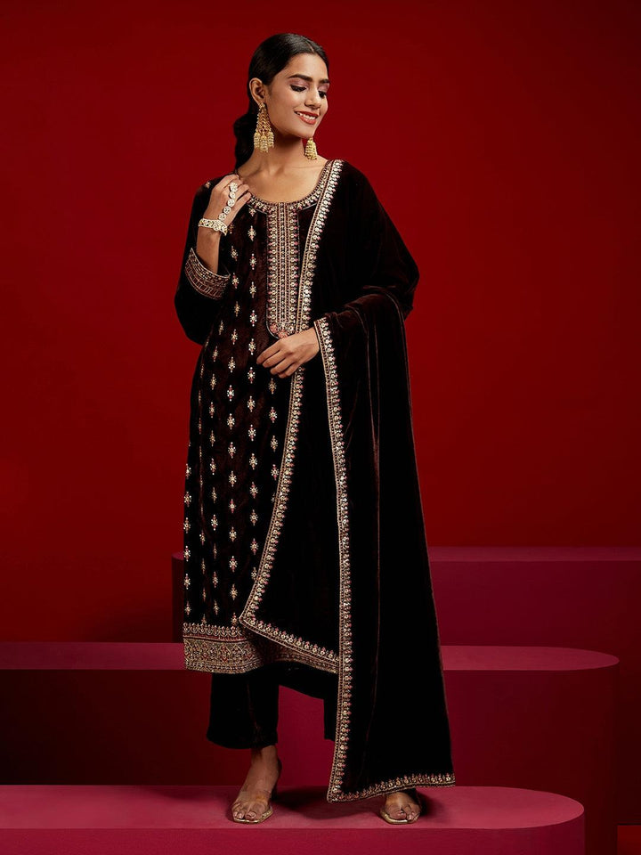Libas Art Brown Embroidered Velvet Straight Suit With Dupatta
