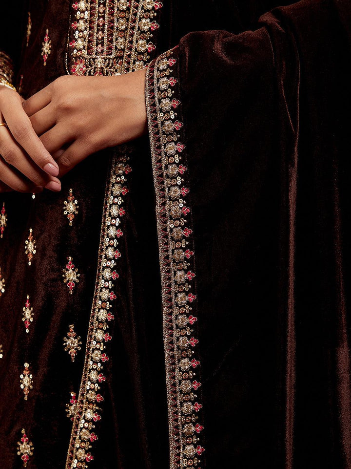 Libas Art Brown Embroidered Velvet Straight Suit With Dupatta