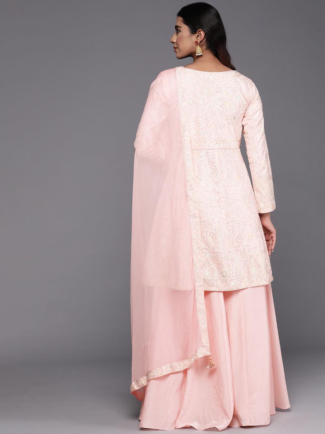 Libas Art Peach Embroidered Silk Blend A-Line Kurta With Palazzos & Dupatta - ShopLibas