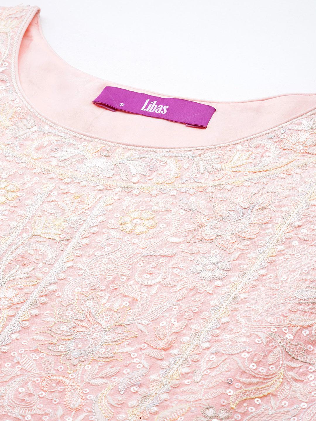 Libas Art Peach Embroidered Silk Blend A-Line Kurta With Palazzos & Dupatta - ShopLibas