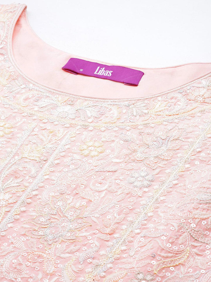Libas Art Peach Embroidered Silk Blend A-Line Kurta With Palazzos & Dupatta