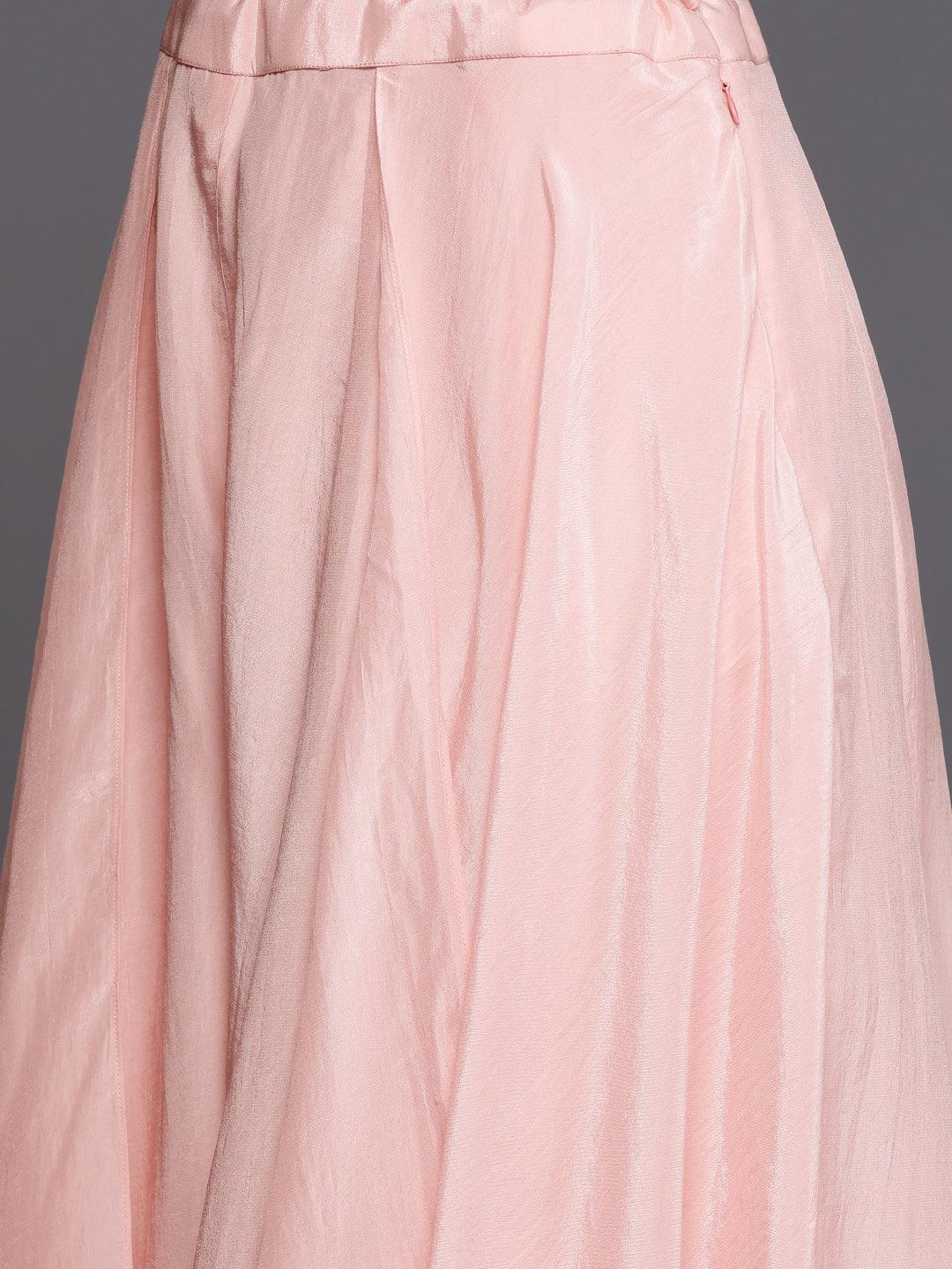 Libas Art Peach Embroidered Silk Blend A-Line Kurta With Palazzos & Dupatta - ShopLibas