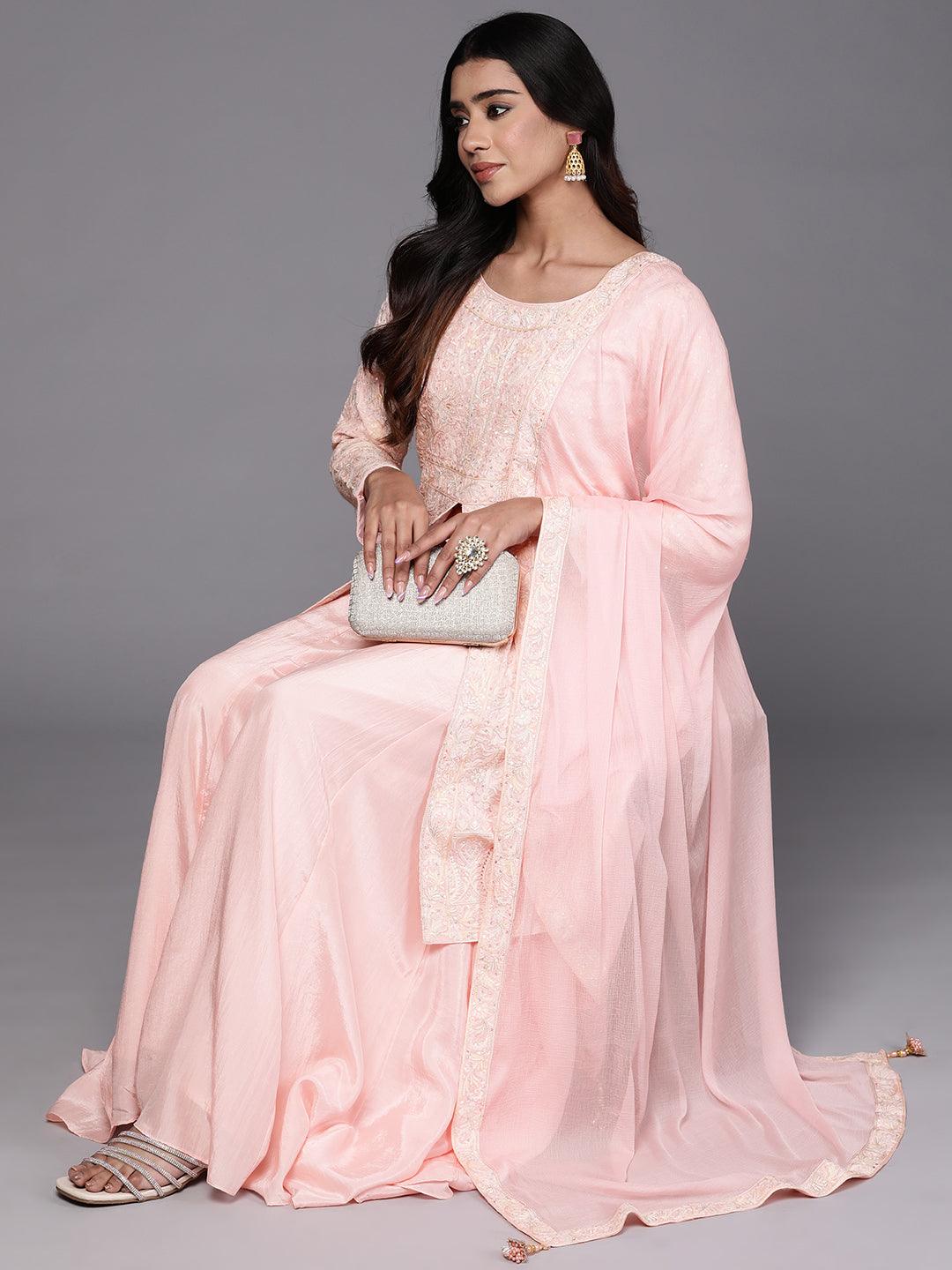 Libas Art Peach Embroidered Silk Blend A-Line Kurta With Palazzos & Dupatta - ShopLibas