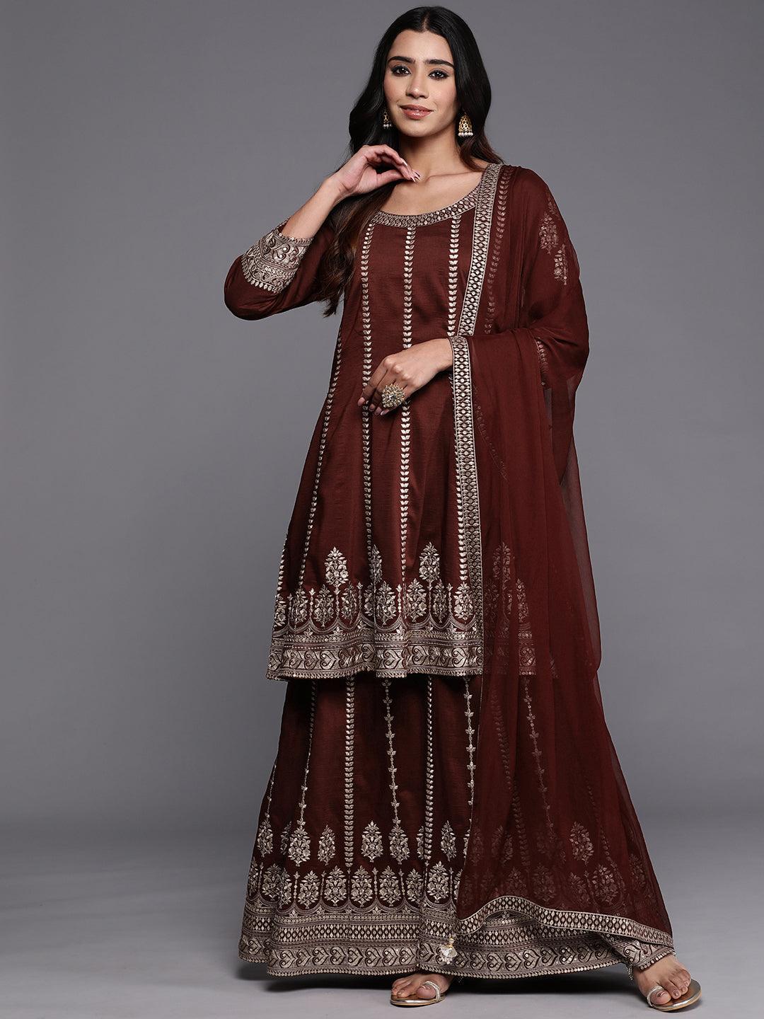Libas Art Maroon Embroidered Silk Blend Anarkali Kurta With Palazzos & Dupatta - ShopLibas