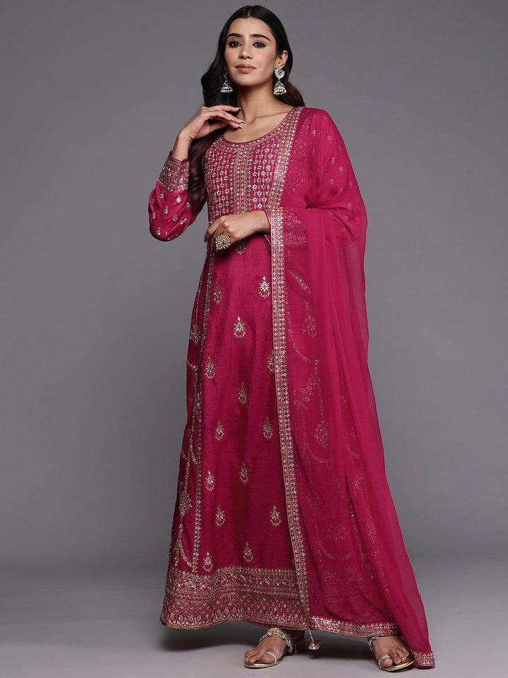 Libas Art Pink Embroidered Silk Blend A-Line Kurta With Trousers & Dupatta