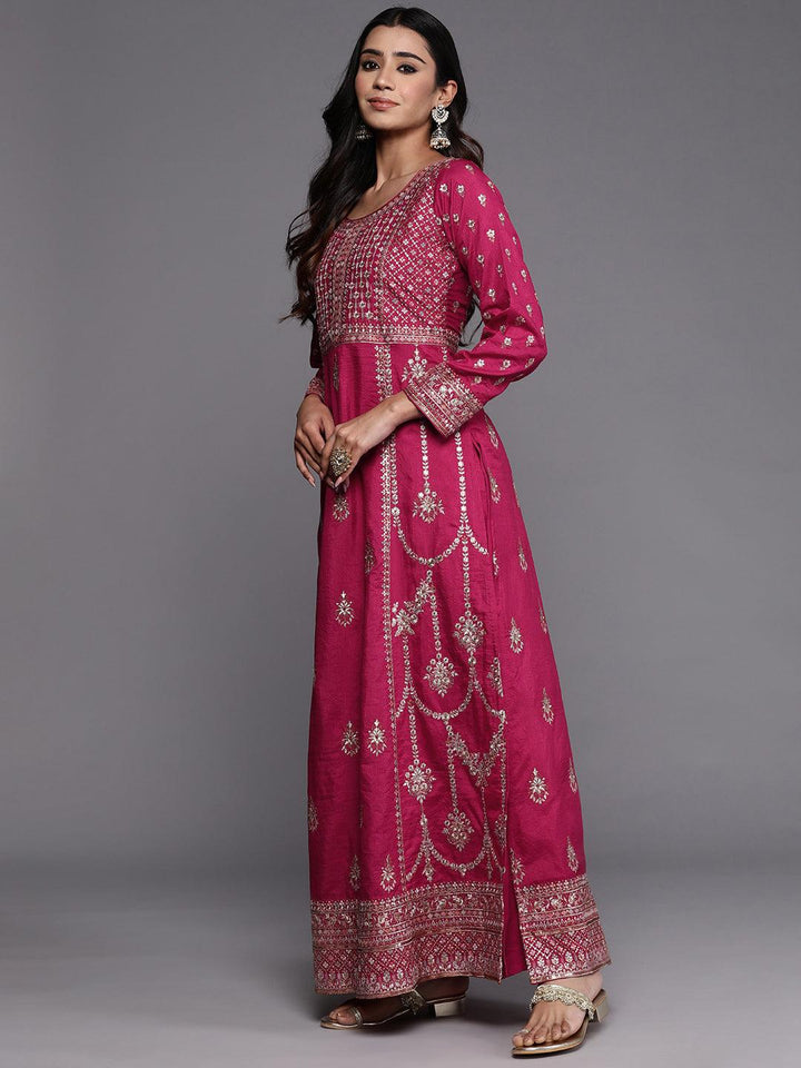 Libas Art Pink Embroidered Silk Blend A-Line Kurta With Trousers & Dupatta