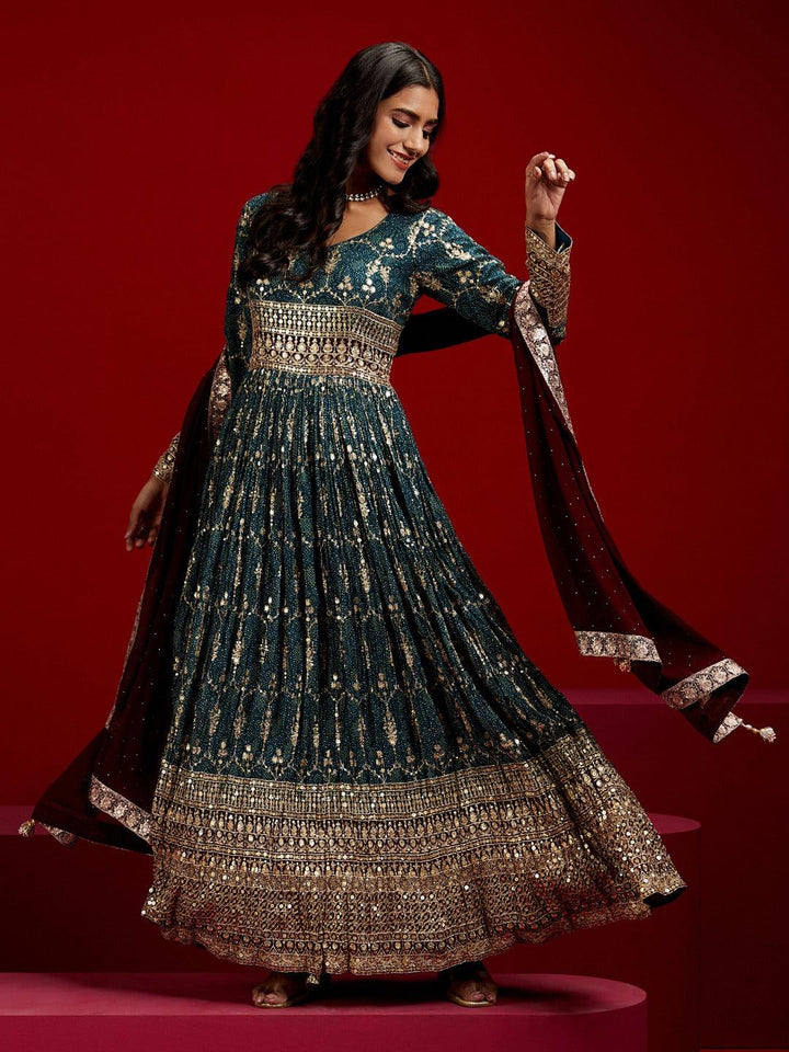 Libas Art Blue Embroidered Georgette A-Line Kurta With Trousers & Dupatta