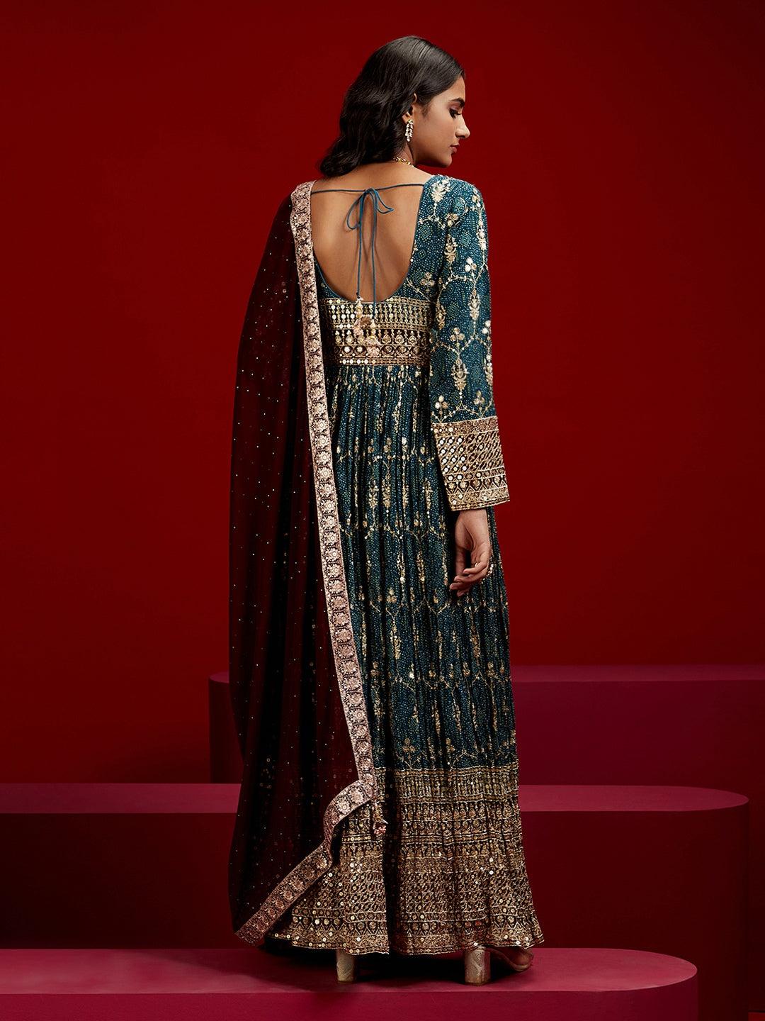 Libas Art Blue Embroidered Georgette A-Line Kurta With Trousers & Dupatta - ShopLibas