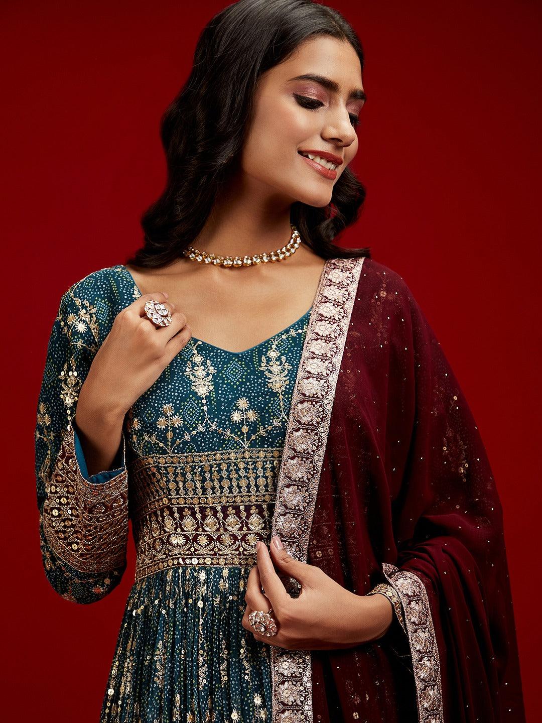 Libas Art Blue Embroidered Georgette A-Line Kurta With Trousers & Dupatta - ShopLibas