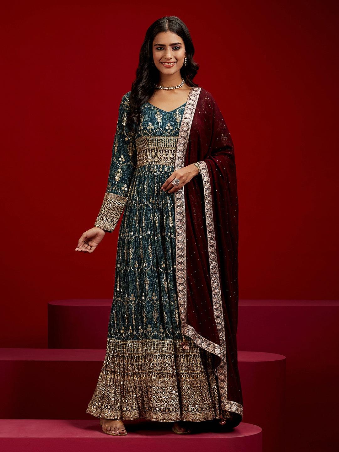 Libas Art Blue Embroidered Georgette A-Line Kurta With Trousers & Dupatta - ShopLibas