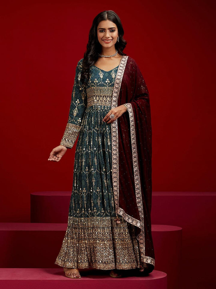 Libas Art Blue Embroidered Georgette A-Line Kurta With Trousers & Dupatta