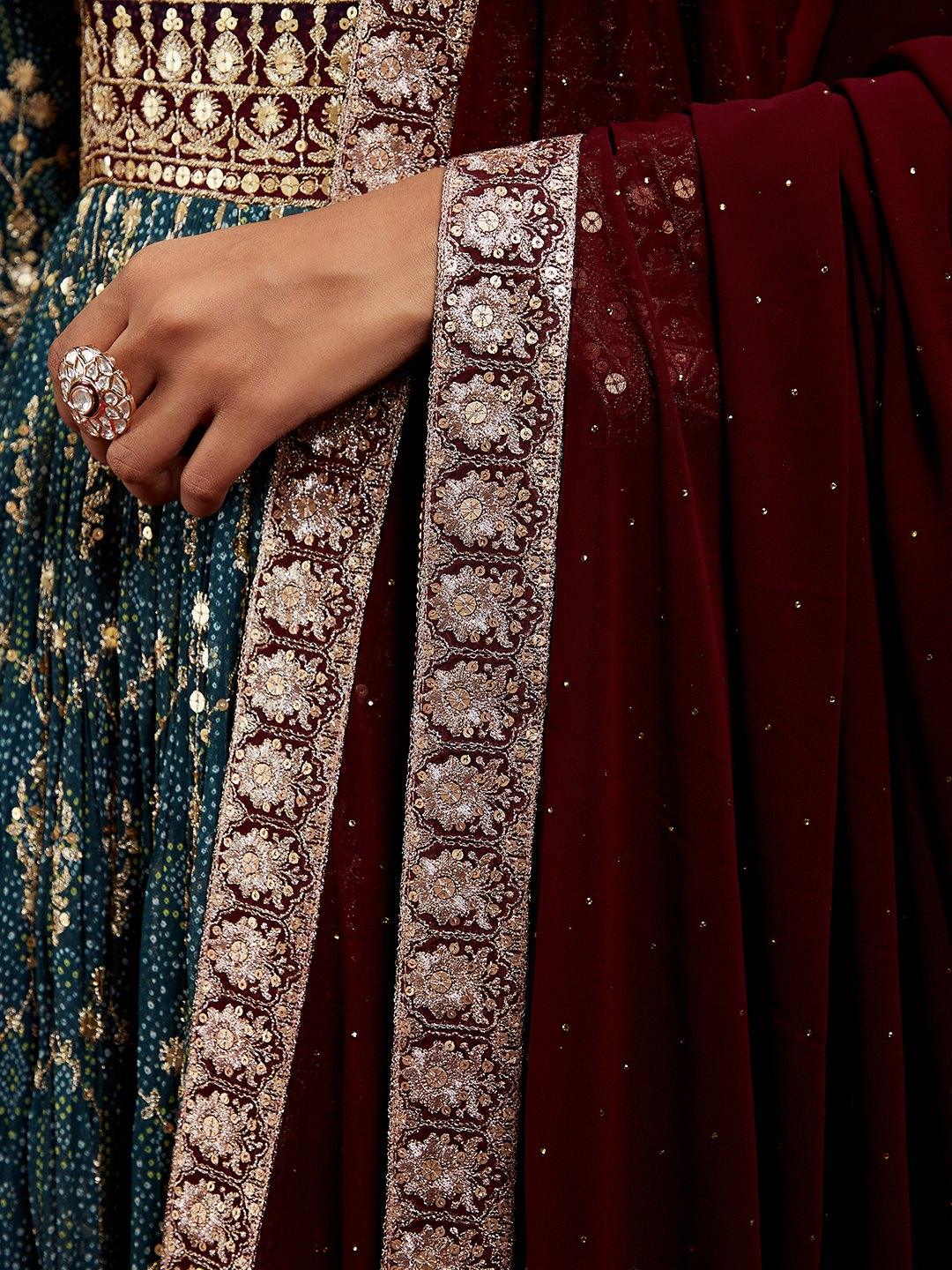 Libas Art Blue Embroidered Georgette A-Line Kurta With Trousers & Dupatta - ShopLibas