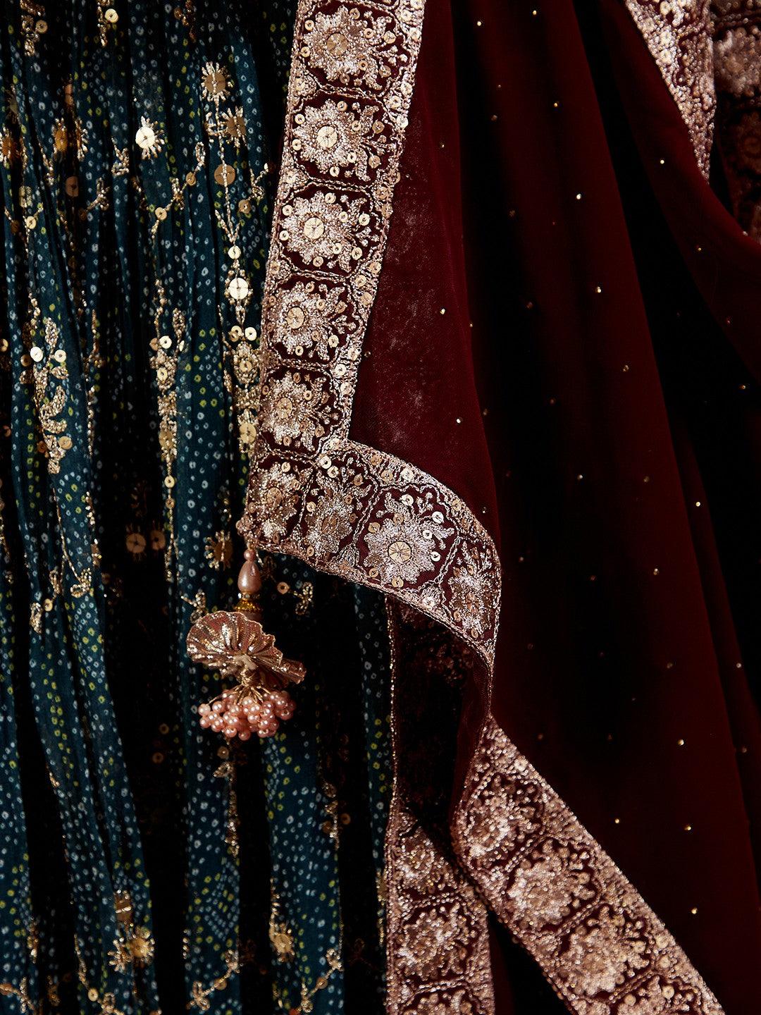 Libas Art Blue Embroidered Georgette A-Line Kurta With Trousers & Dupatta - ShopLibas