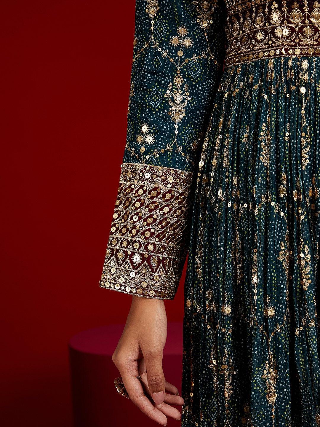 Libas Art Blue Embroidered Georgette A-Line Kurta With Trousers & Dupatta - ShopLibas