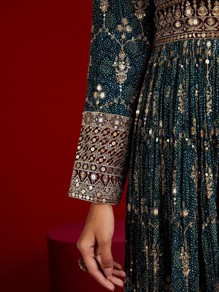 Libas Art Blue Embroidered Georgette A-Line Kurta With Trousers & Dupatta