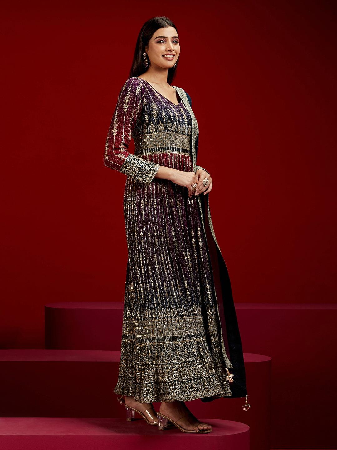 Libas Art Multicoloured Embroidered Georgette A-Line Kurta With Trousers & Dupatta - ShopLibas