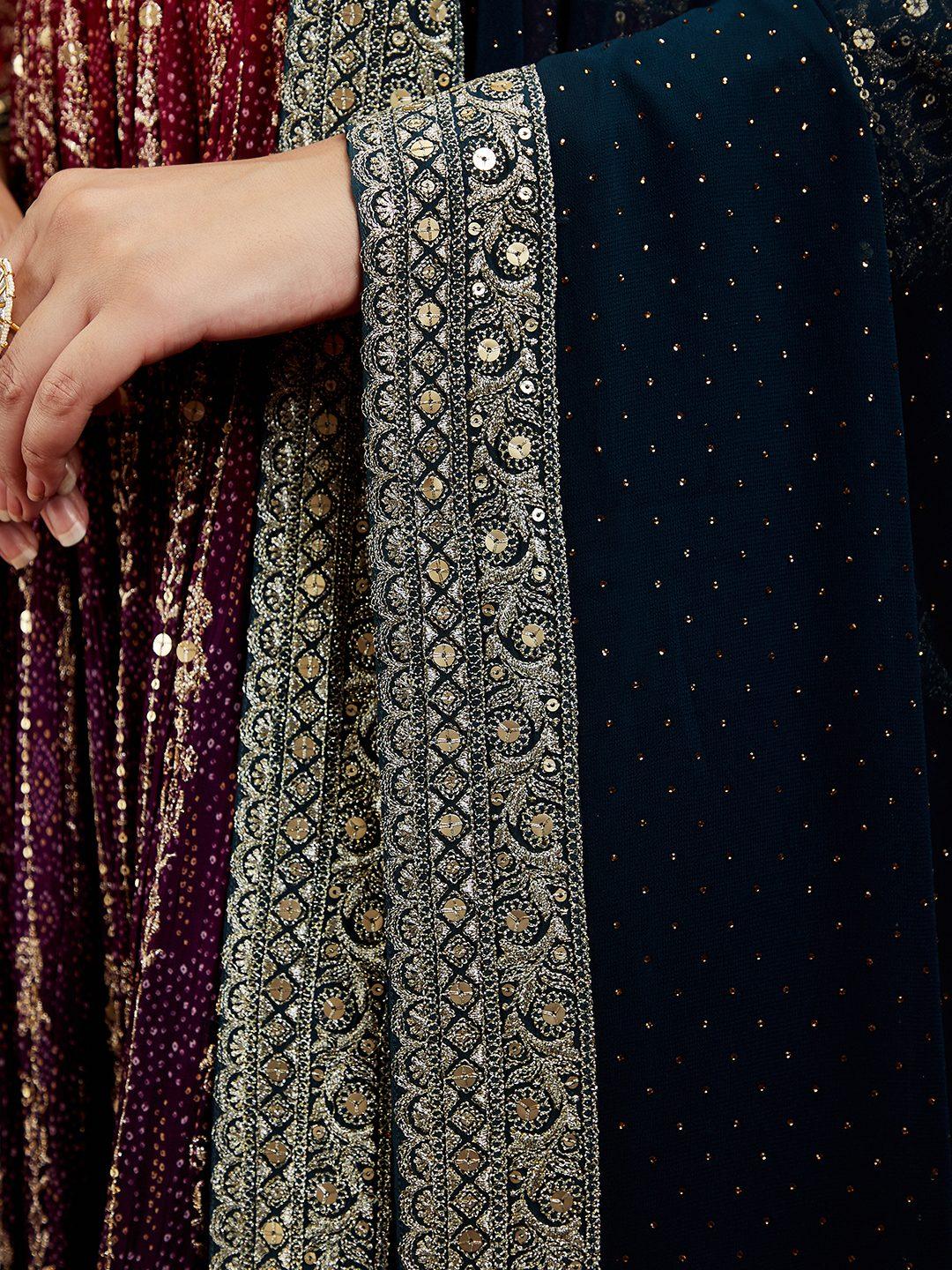 Libas Art Multicoloured Embroidered Georgette A-Line Kurta With Trousers & Dupatta - ShopLibas