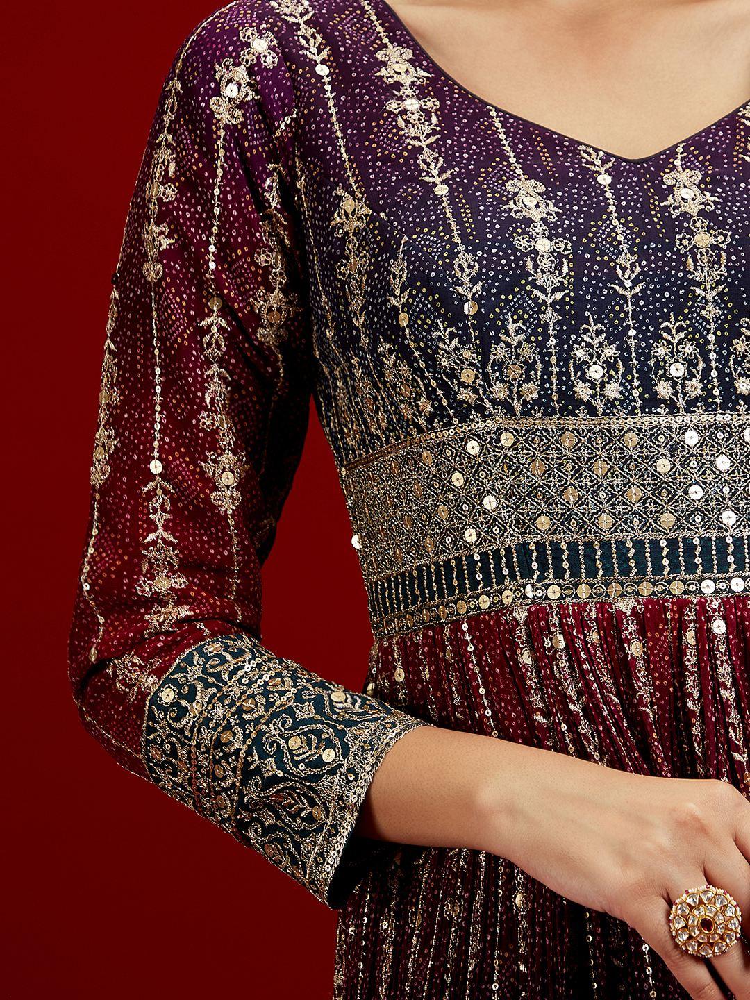 Libas Art Multicoloured Embroidered Georgette A-Line Kurta With Trousers & Dupatta - ShopLibas