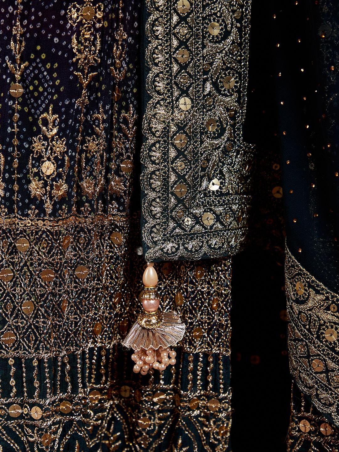 Libas Art Multicoloured Embroidered Georgette A-Line Kurta With Trousers & Dupatta - ShopLibas