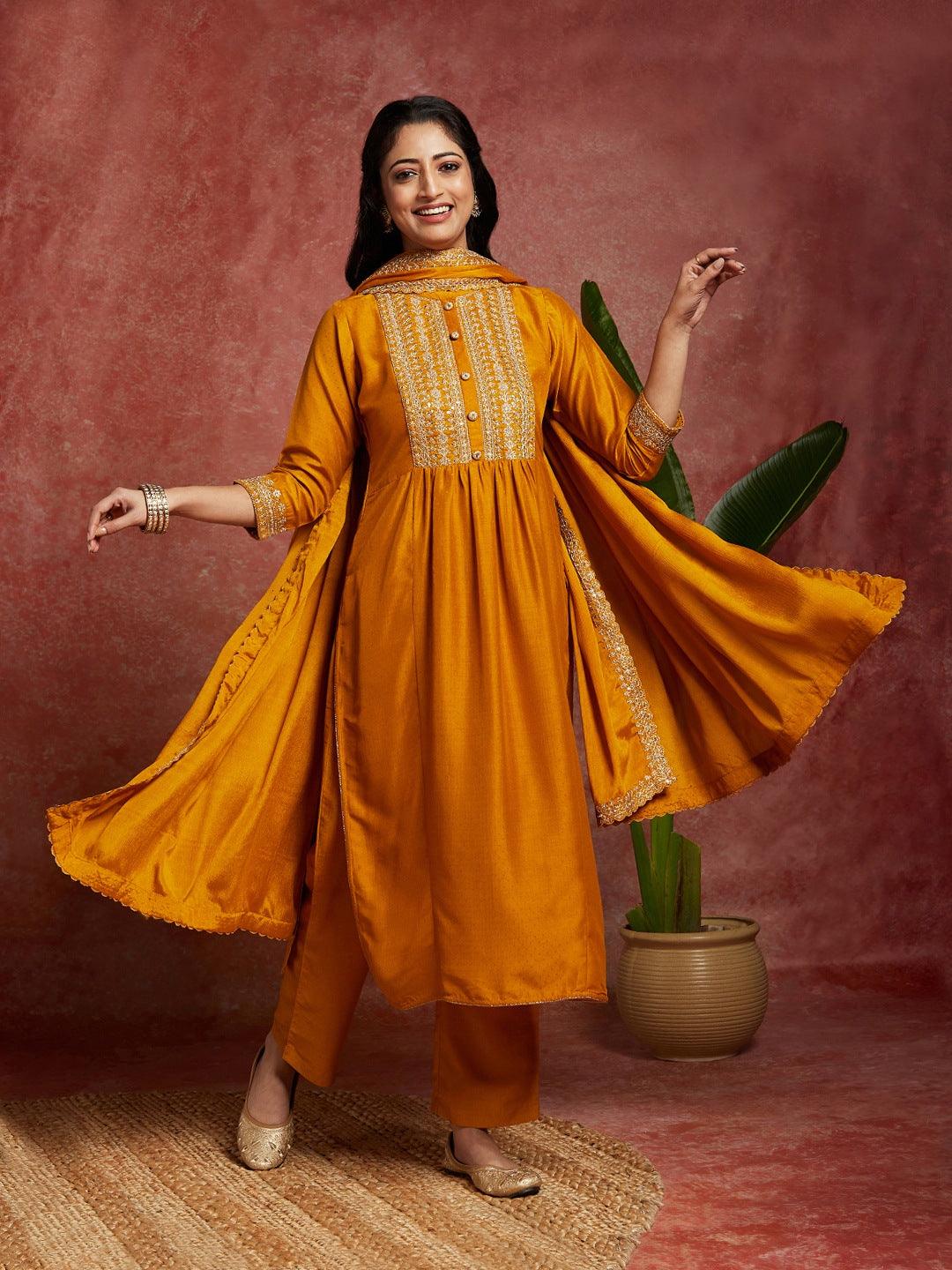 Mustard Yoke Design Silk Blend A-Line Kurta With Trousers & Dupatta - ShopLibas