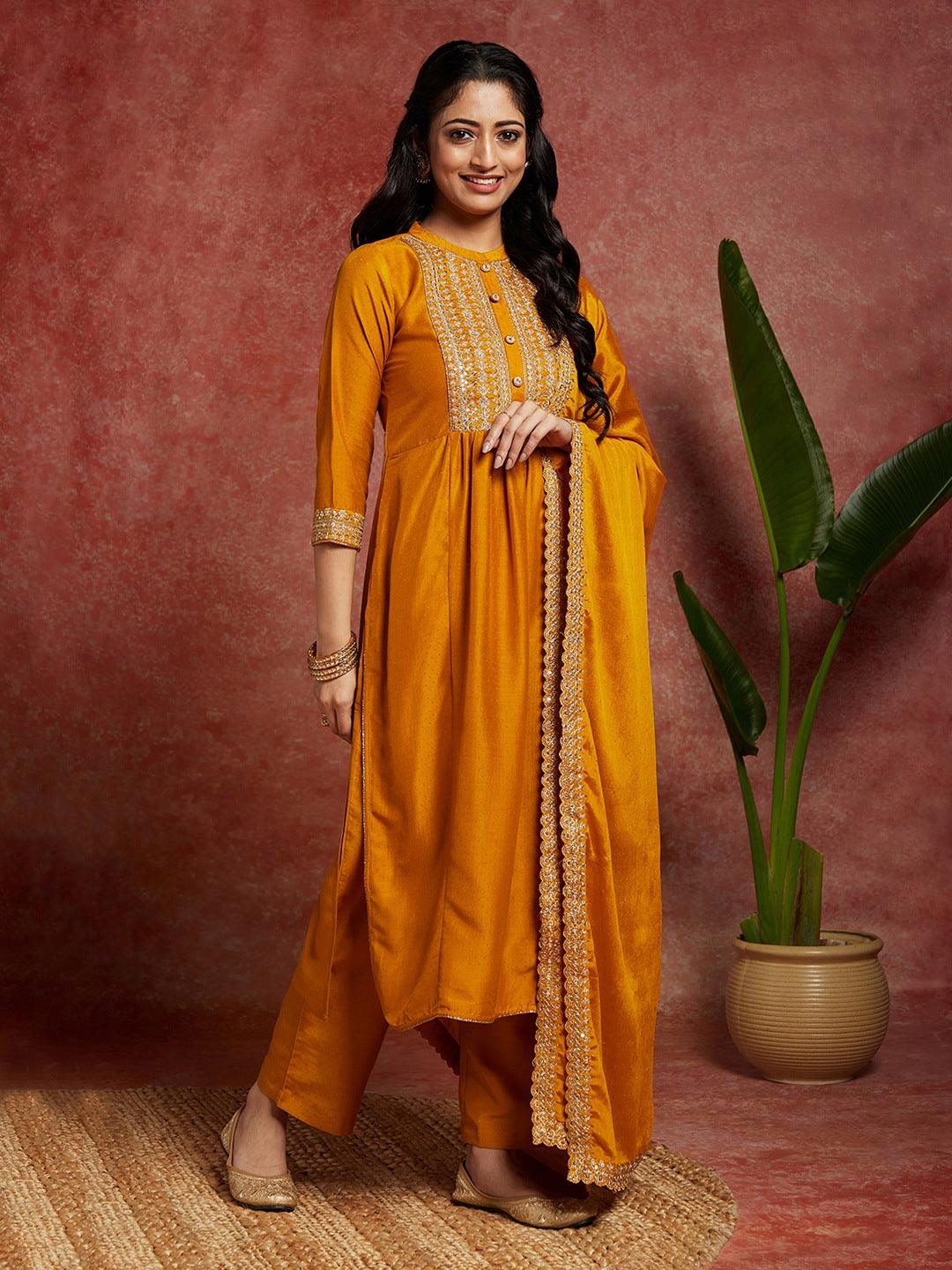 Mustard Yoke Design Silk Blend A-Line Kurta With Trousers & Dupatta - ShopLibas