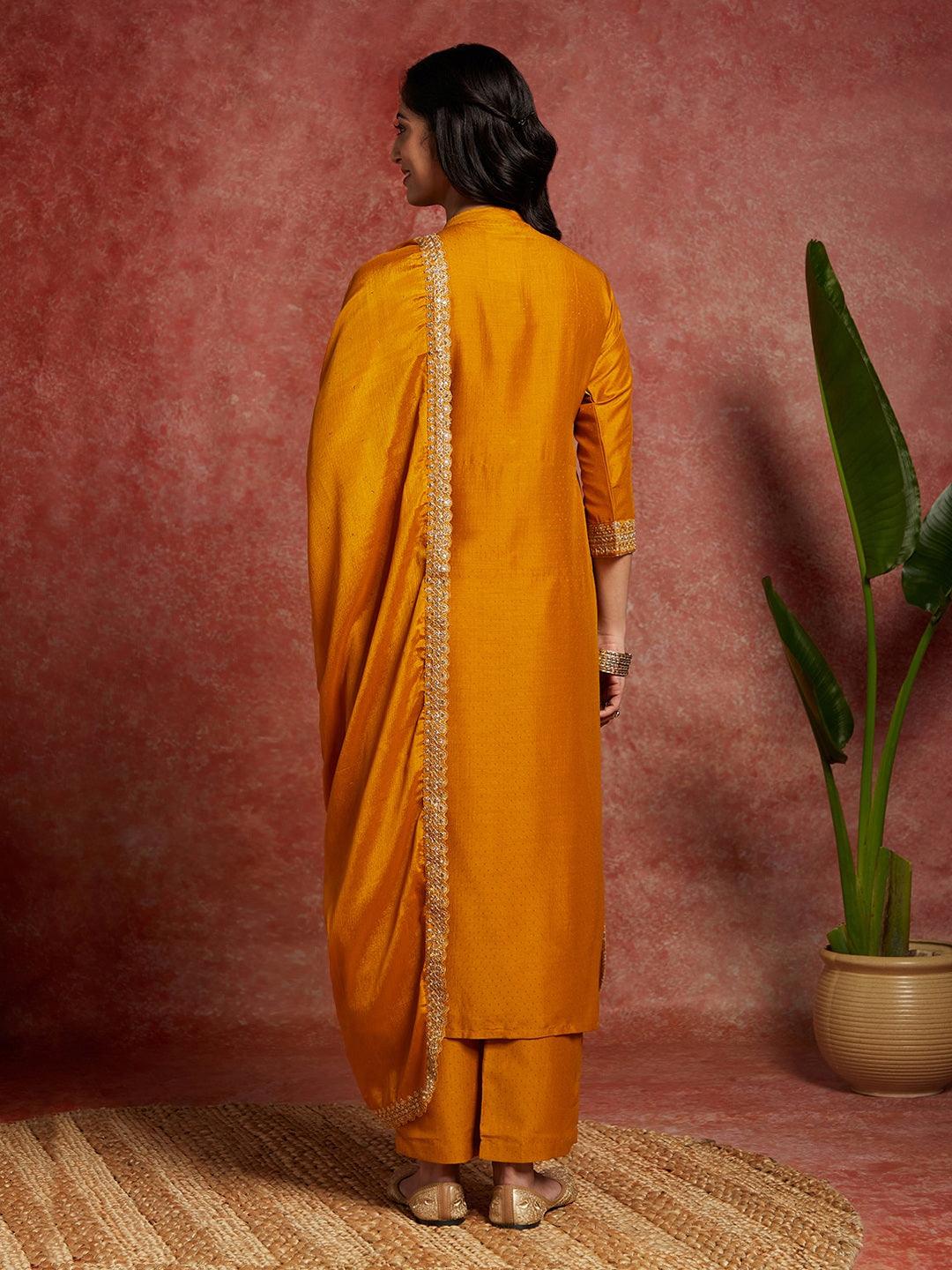 Mustard Yoke Design Silk Blend A-Line Kurta With Trousers & Dupatta - ShopLibas